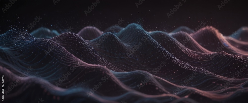 Poster a digital art piece featuring a wave-like pattern with a gradient of colors, including shades of blu