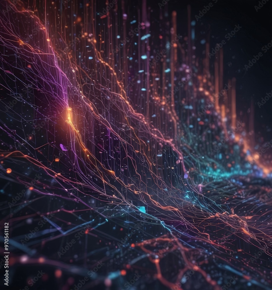 Leinwandbilder a digital art piece featuring a complex network of interconnected lines and dots, creating a dynamic and abstract representation of a cityscape or network.