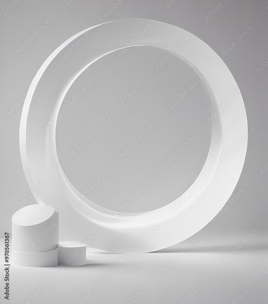 Poster a white, abstract ring-like structure with a central opening, accompanied by three white, cylindrica