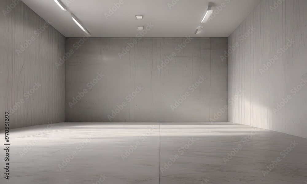 Poster an empty, minimalist room with a concrete floor and walls, featuring recessed lighting and a large w