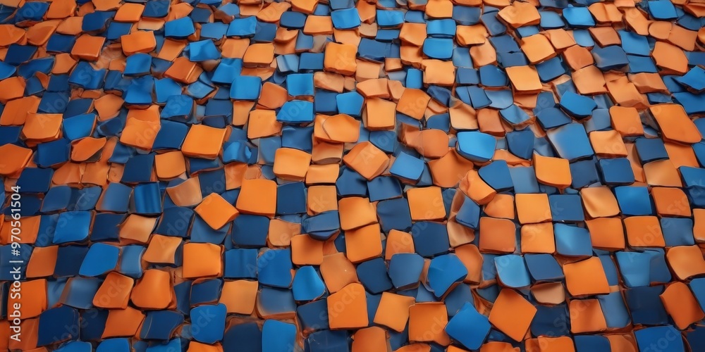 Aufkleber a close-up view of a mosaic composed of numerous small tiles in shades of blue and orange, arranged in a random pattern.