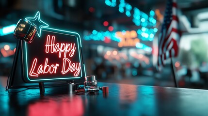 Colorful neon sign celebrating Labor Day with vibrant lights, symbolizing workers' appreciation in a festive setting.