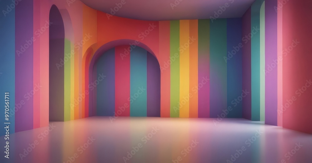 Aufkleber a vibrant, rainbow-colored room with arched doorways and a reflective floor, creating a visually str