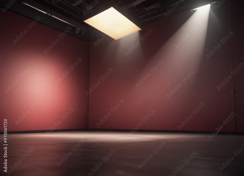 Poster a dimly lit room with a red wall, a single spotlight on the right, and a tripod on the left, creatin