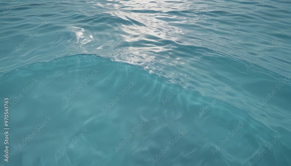 Poster a serene view of a calm body of water, with the surface appearing as a light blue color. the water i