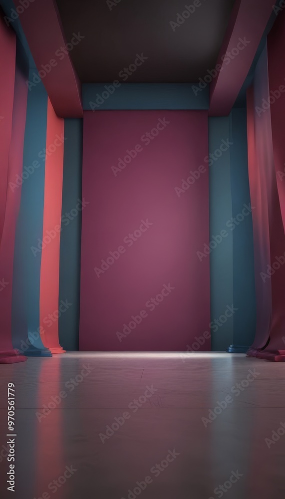 Poster a 3d of a minimalist stage set with a large red backdrop, flanked by two columns of blue and pink cu