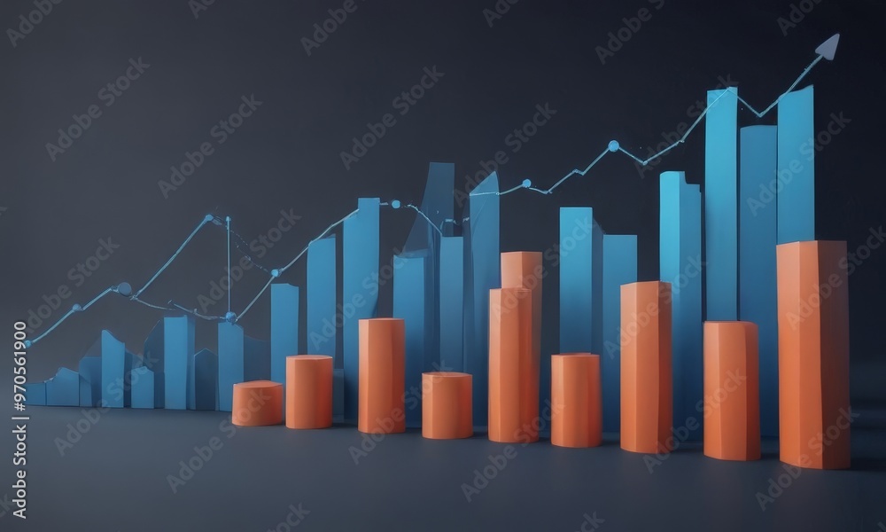 Poster A 3D of a bar graph with a rising line and a series of orange bars, set against a dark background.