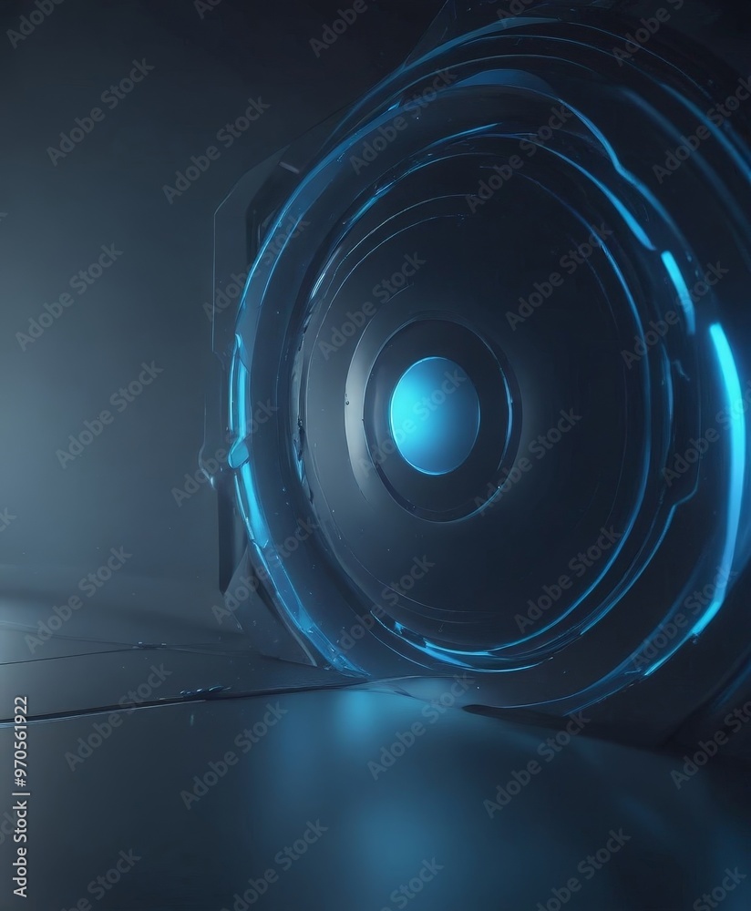 Poster a futuristic, circular object with a blue glow at its center, set against a dark background.