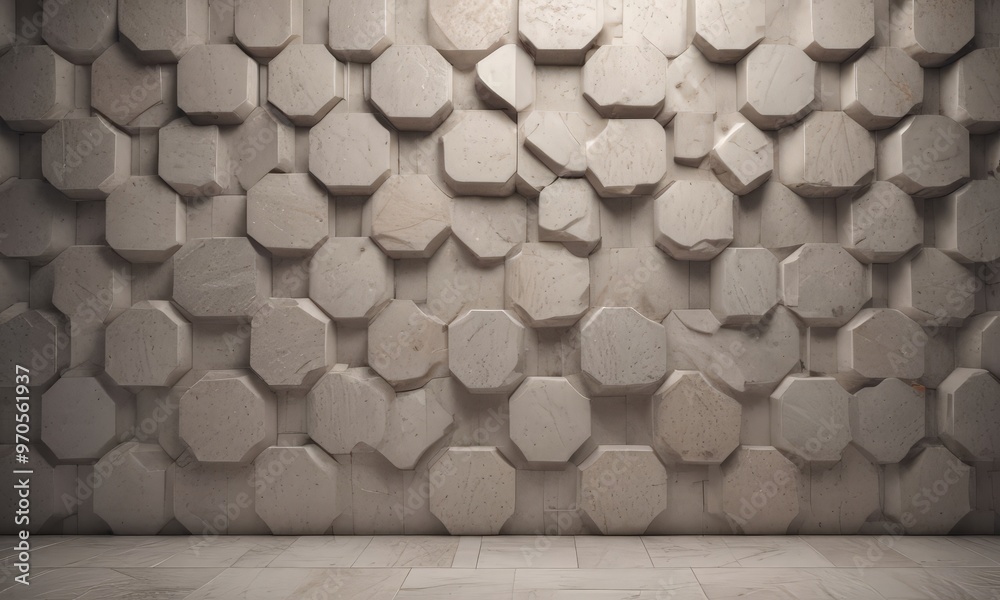 Aufkleber A 3D of a wall composed of numerous octagonal blocks arranged in a repeating pattern, creating a textured and visually appealing surface.