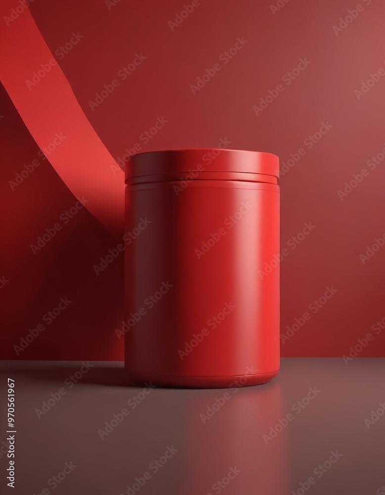 Aufkleber A red cylindrical container with a lid sits on a reflective surface, set against a gradient background transitioning from red to purple.