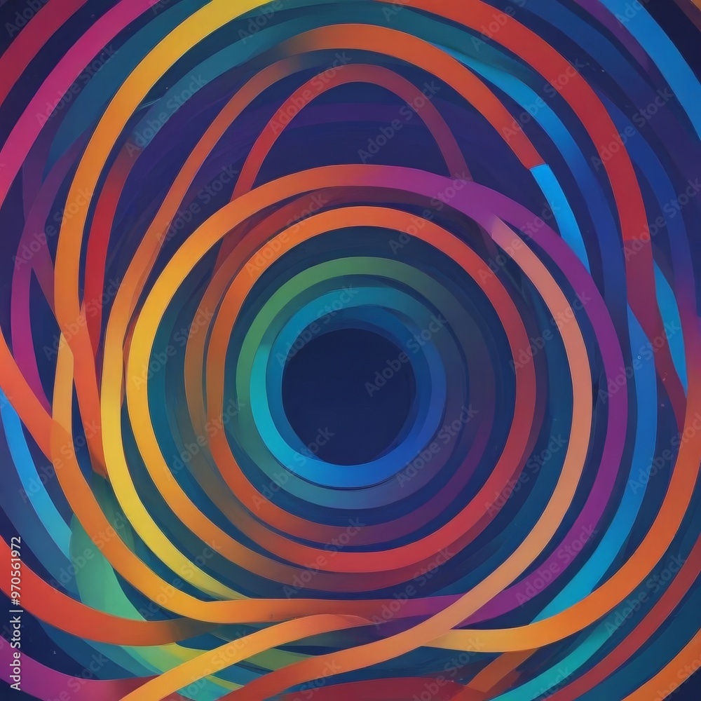 Poster a vibrant abstract composition of overlapping concentric circles in a spectrum of colors, including red, orange, yellow, green, blue, and purple, creating a visually striking