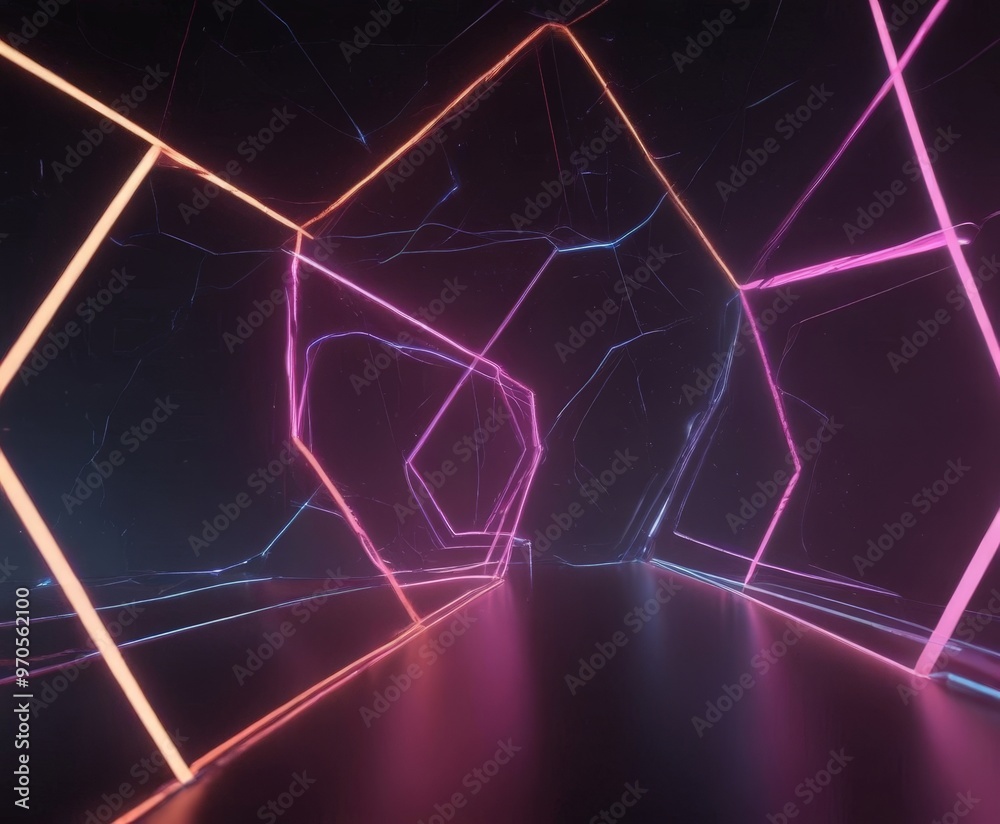 Poster a futuristic, neon-lit corridor with geometric shapes and lines, creating a sense of depth and movement.