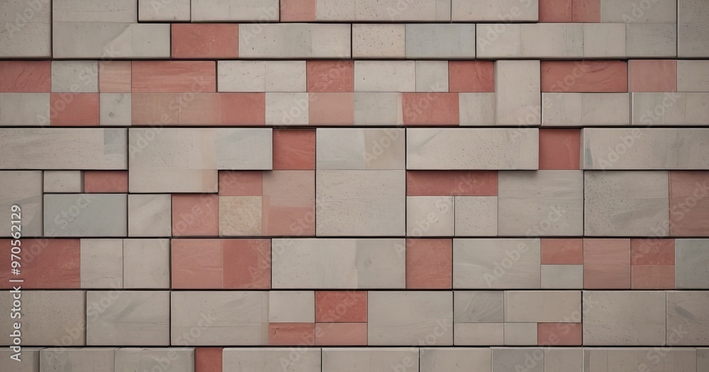 Fototapete a close-up view of a wall composed of rectangular blocks in various shades of gray and red, arranged in a grid-like pattern.