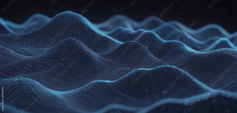 Aufkleber a digital art piece featuring a wave-like pattern of blue lines and dots, creating a sense of movement and depth.