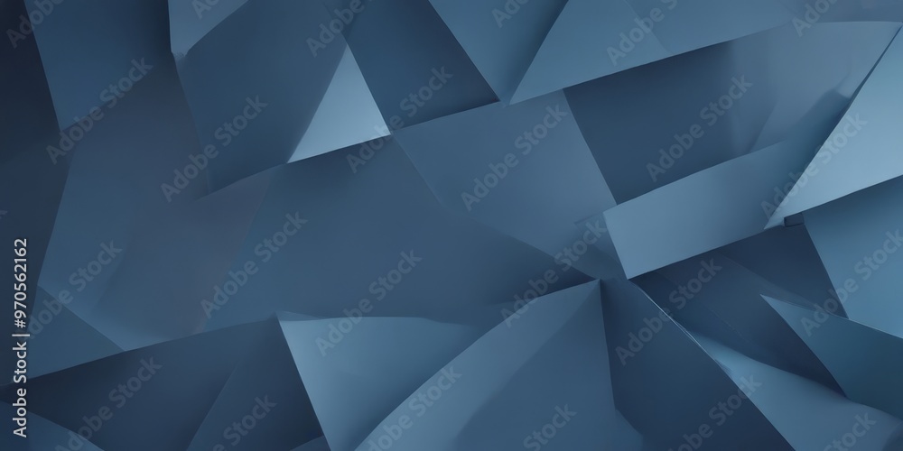 Poster a complex arrangement of overlapping triangular shapes in shades of blue, creating a visually striking abstract pattern.