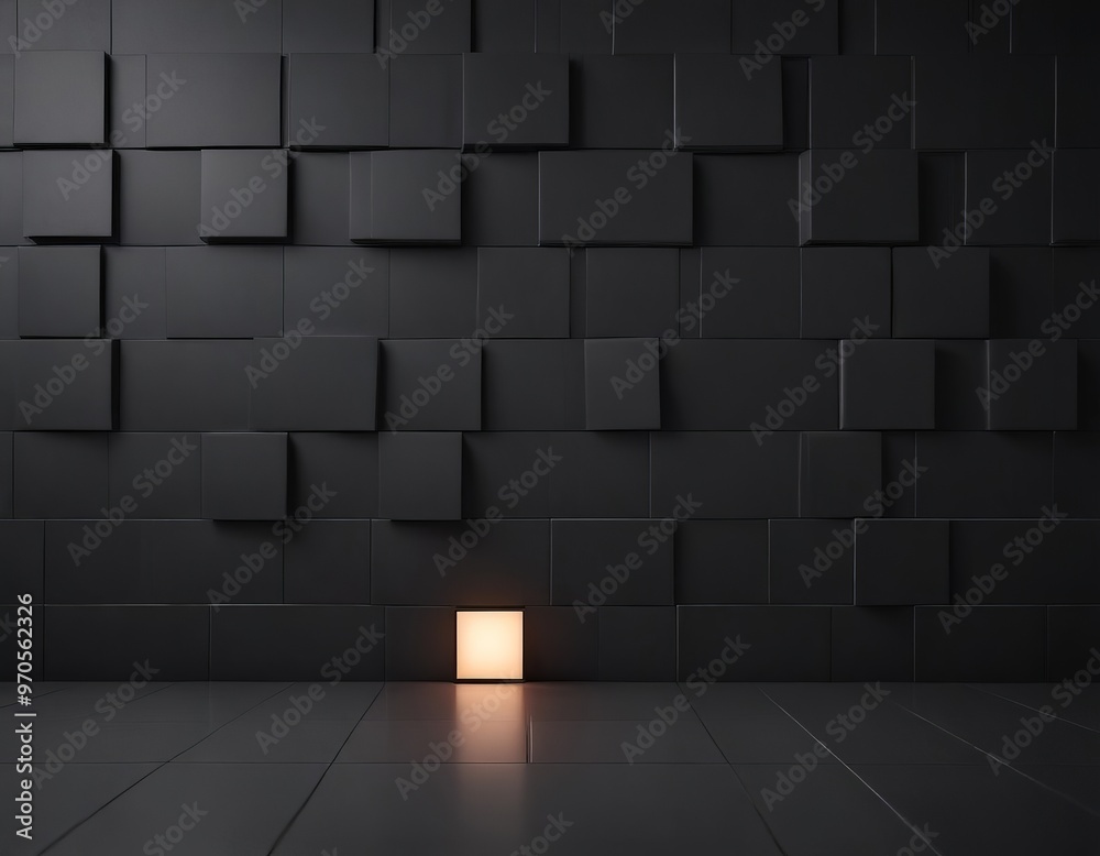 Fototapete A 3D of a dark, geometric wall with a single square illuminated by a light source, creating a stark contrast.
