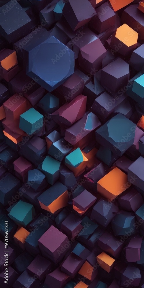 Poster a 3d of a complex arrangement of cubes in various shades of blue, purple, orange, and green, creatin
