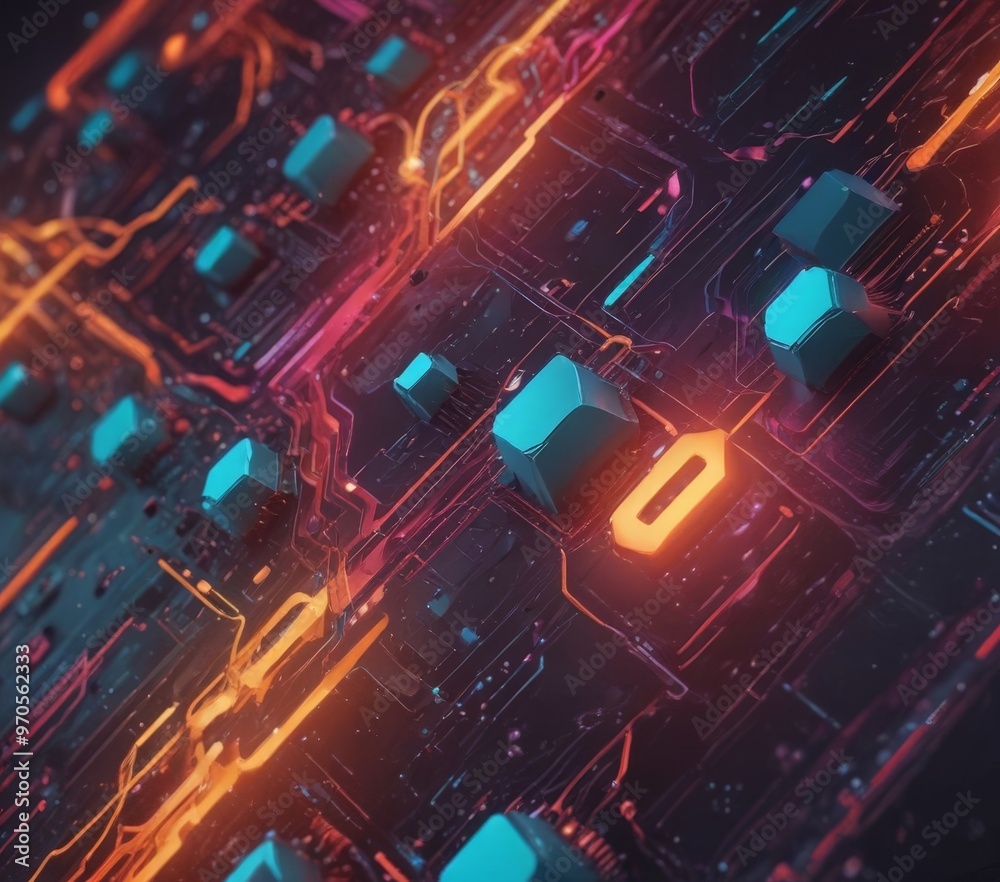 Aufkleber The image is a digital illustration of a circuit board with various colored squares and lines, creating a futuristic and technological aesthetic.