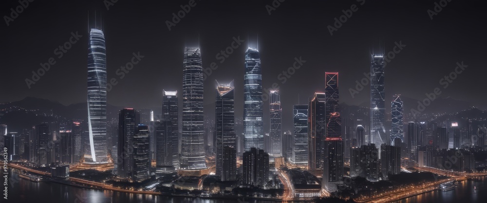 Poster a nighttime cityscape with a skyline of illuminated skyscrapers and buildings, including a prominent
