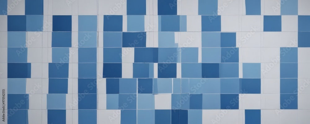 Poster a grid of blue and white squares, with the blue squares being slightly darker than the white ones, creating a visually interesting pattern.
