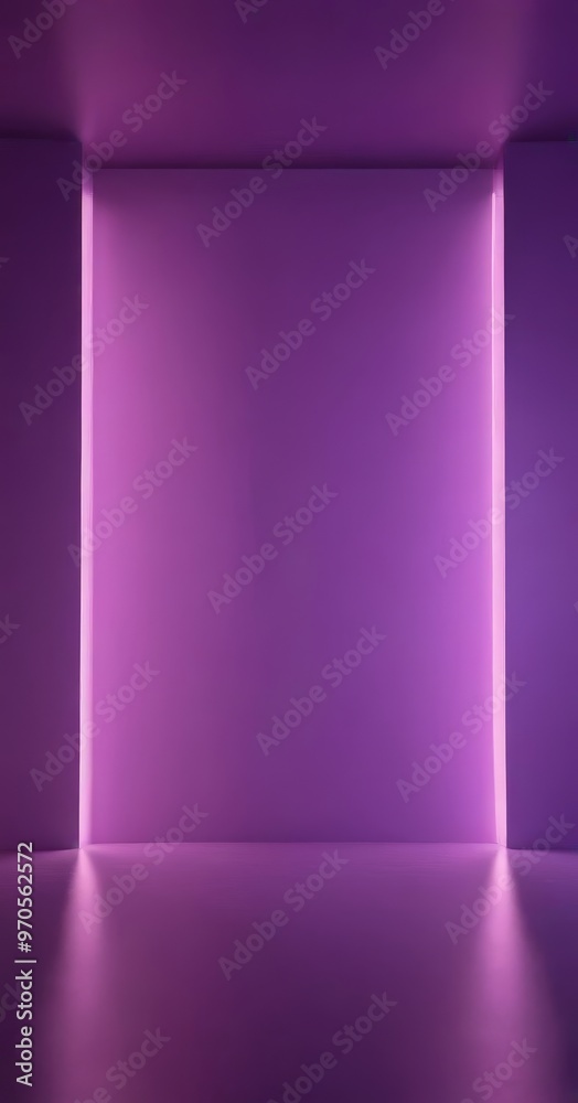 Aufkleber A purple-lit room with a minimalist design, featuring a large rectangular wall and a curved wall on either side, creating a sense of depth and space.