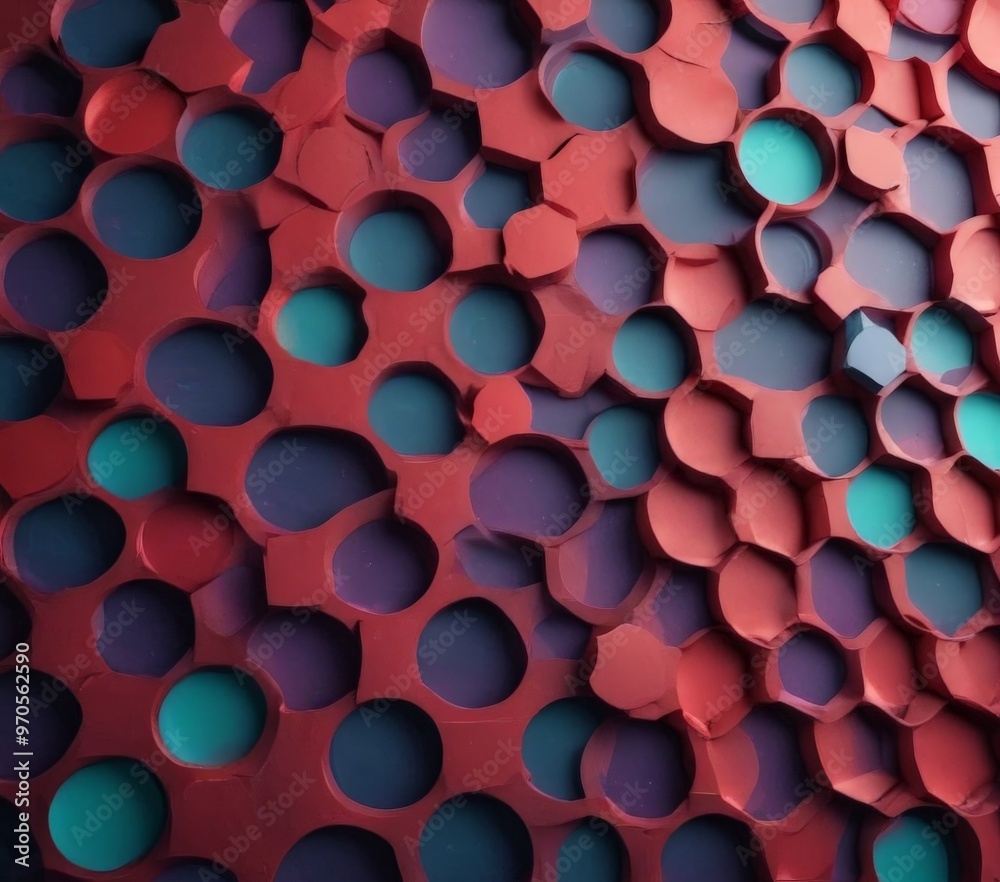 Aufkleber a close-up view of a 3D printed geometric pattern composed of numerous red and blue hexagonal shapes. The pattern is arranged in a grid-like fashion, with the red and blue