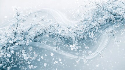 Swirling lines of tiny flowers flowing elegantly on a soft white-light blue background, creating a beautiful, graceful visual effect