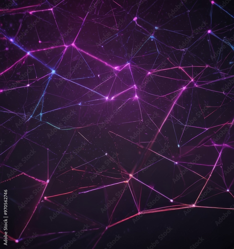 Poster The image presents a digital illustration of a network of interconnected lines and dots, in a vibrant purple and blue color scheme. The lines and dots are arranged in a