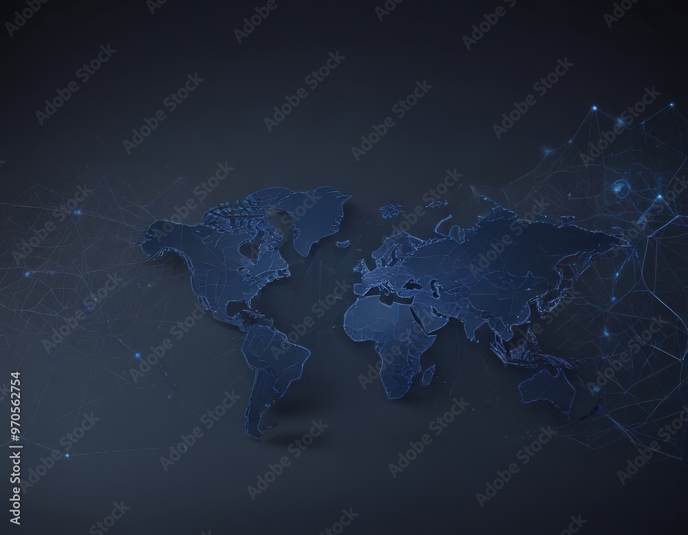 Poster a stylized world map in a dark blue color, with a network of interconnected lines and dots representing the global digital infrastructure.