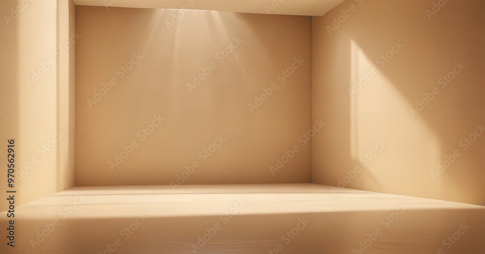Poster A minimalist room with a clean, light beige color scheme, featuring a large window on the left wall that allows natural light to flood the space, creating a serene and