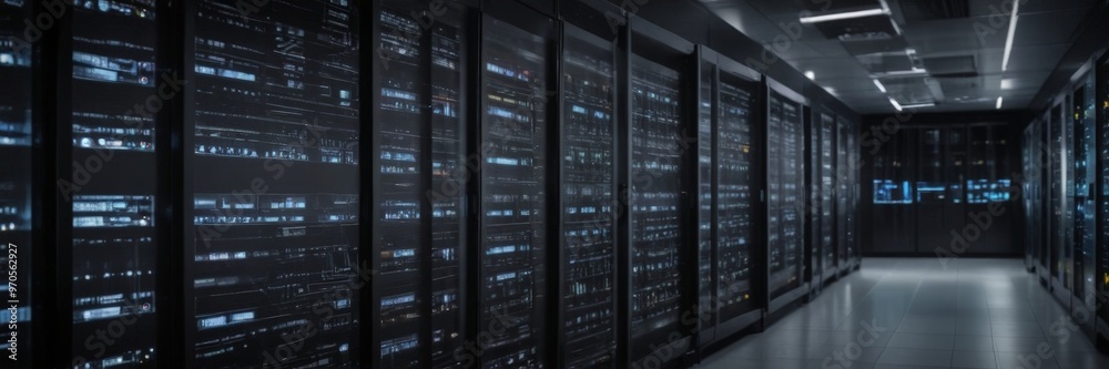 Poster A long, dimly lit corridor lined with rows of computer servers, creating a futuristic and technological atmosphere.