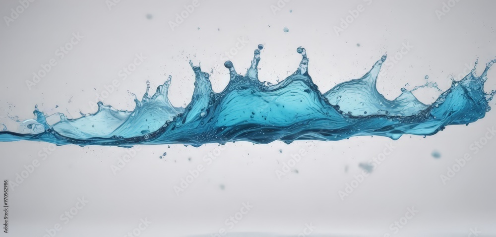 Poster a splash of water, captured in a 3d features a wave-like pattern with a gradient of blue hues, creat