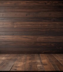 A wooden floor with a dark brown, weathered surface, set against a dark brown, vertical wooden wall.