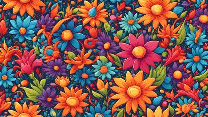 Seamless pattern with colorful flowers on a dark background.