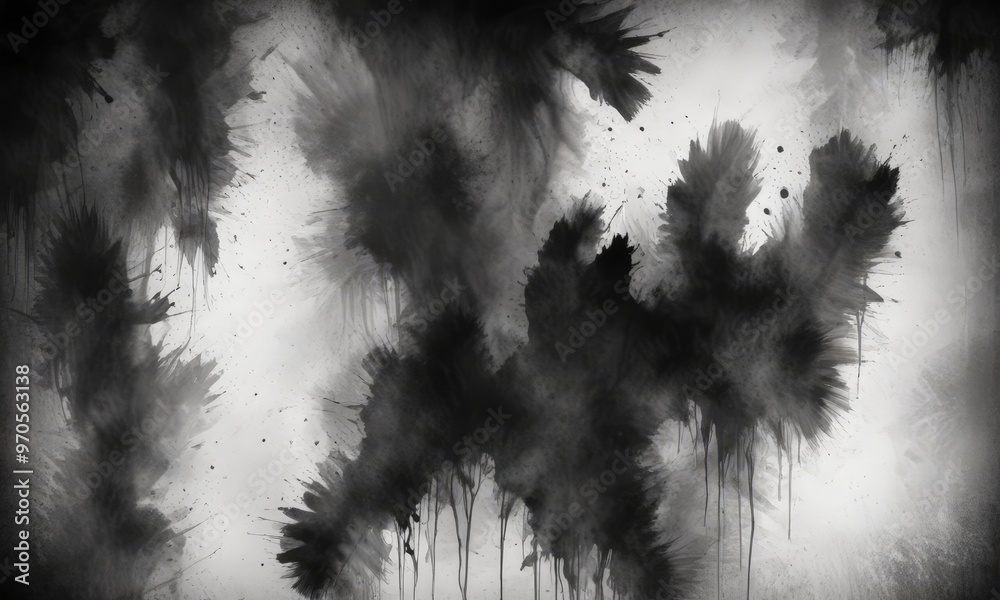 Aufkleber The image is a black and white abstract composition featuring splashes of ink or paint, creating a dynamic and expressive visual effect.