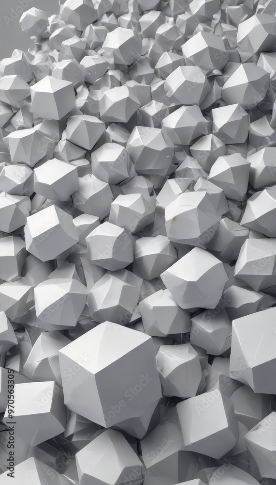Poster A close-up view of a pile of white, geometric cubes or blocks, arranged in a seemingly random pattern.