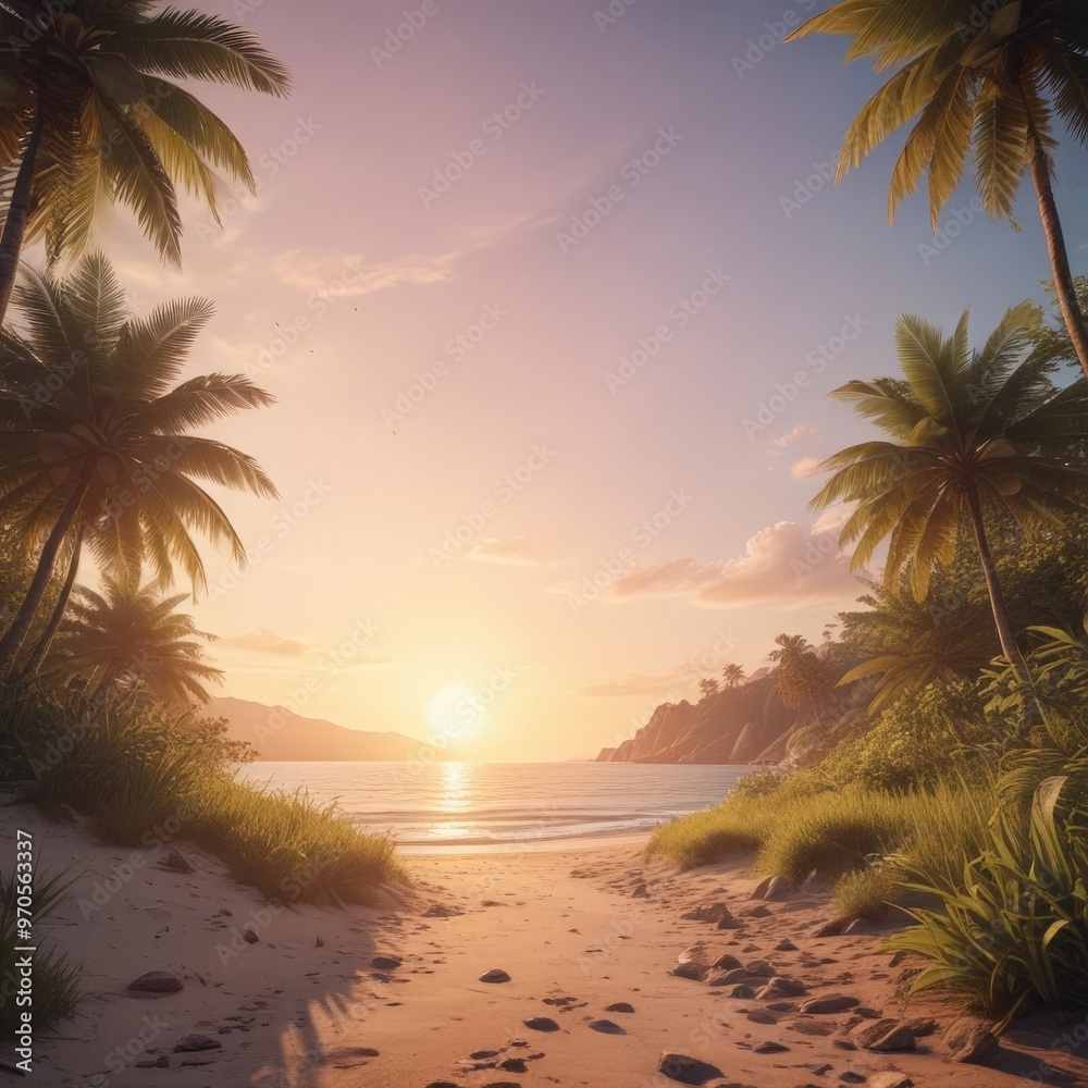 Poster a serene tropical beach scene at sunset, with palm trees framing the view and a calm ocean reflectin
