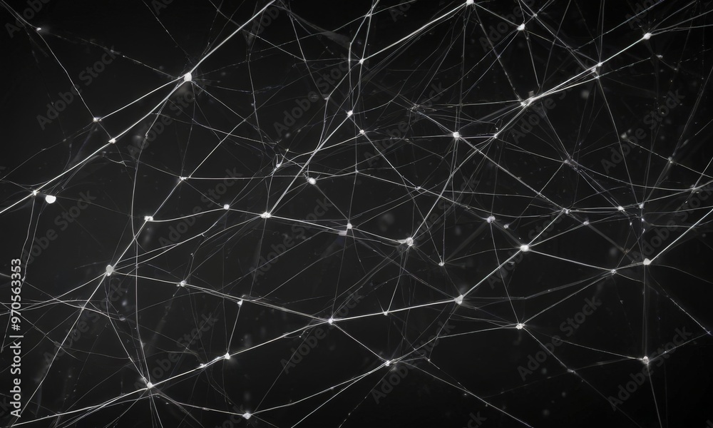 Leinwandbilder The image presents a complex network of interconnected lines and dots, creating a visually striking abstract pattern against a black background.