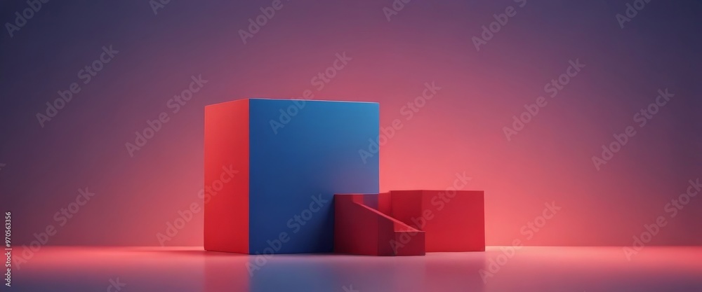 Poster three geometric shapes in red and blue stand against a gradient purple backdrop, with a subtle gradi