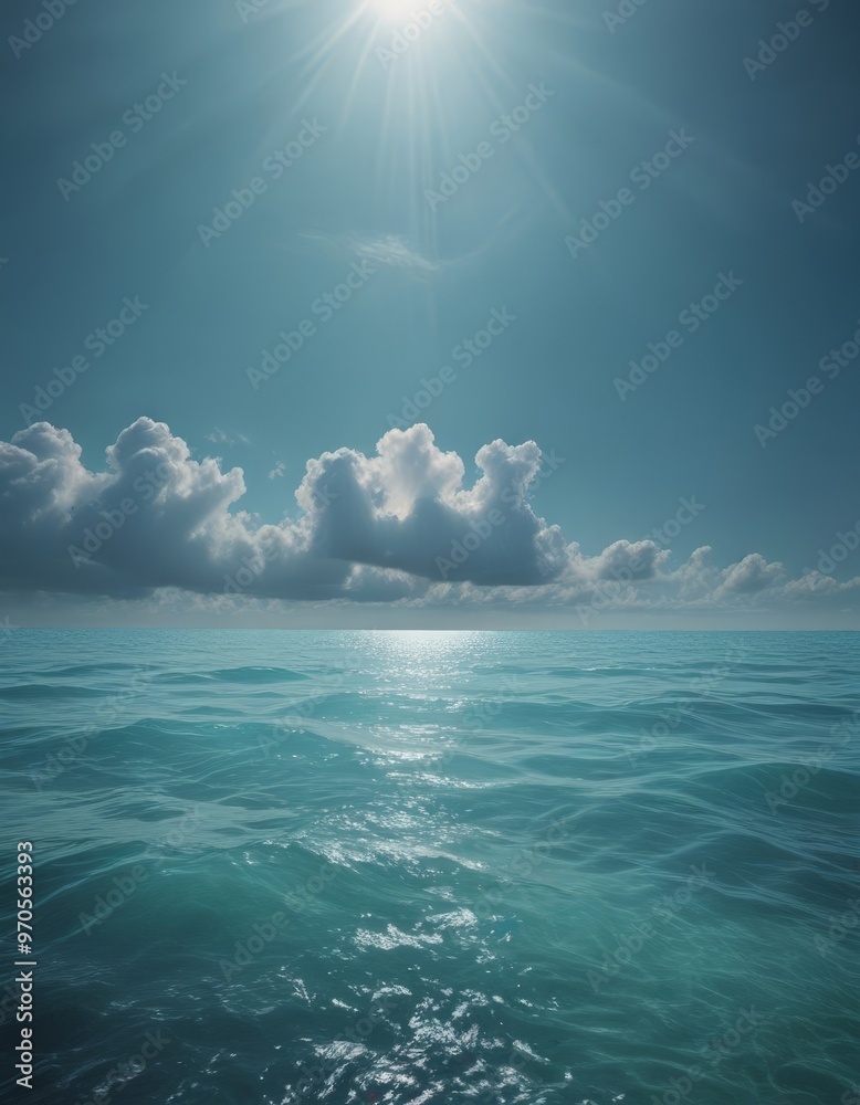 Poster a serene ocean scene with a bright sun shining through the clouds, casting a warm glow on the water.
