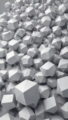 A close-up view of a pile of white, geometric cubes or blocks, arranged in a seemingly random pattern.