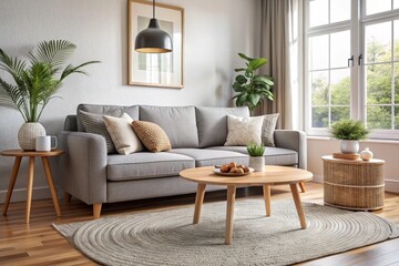 Cozy loveseat sofa near round accent coffee table. Scandinavian home interior design of modern living room in farmhouse