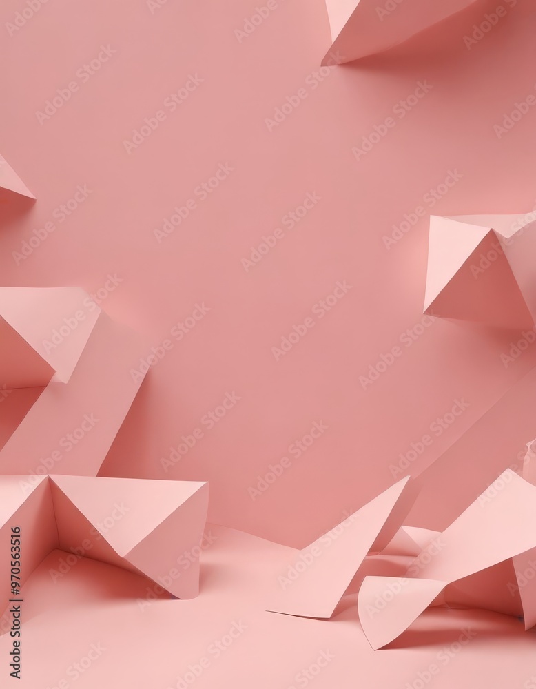 Poster a pink background with geometric shapes, including triangles and rectangles, arranged in a visually 