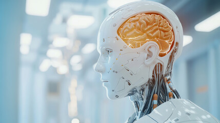 Humanoid robot with an artificial brain is learning and thinking.It uses a complex network to process and analyze huge amounts of data.This represents the future of technology and intelligent machines