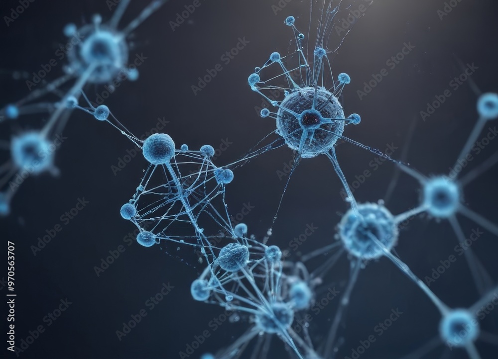 Poster a complex network of interconnected blue spheres, resembling a molecular structure or a microscopic cellular network, against a dark background.