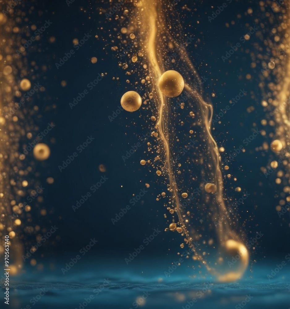 Poster a dynamic scene of gold particles suspended in a dark blue background, creating a sense of movement and energy.