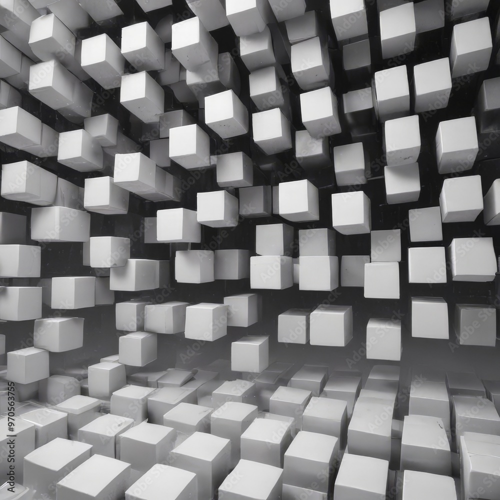 Aufkleber A monochromatic image of a 3D cube pattern, with the cubes varying in size and orientation, creating a sense of depth and dimensionality.