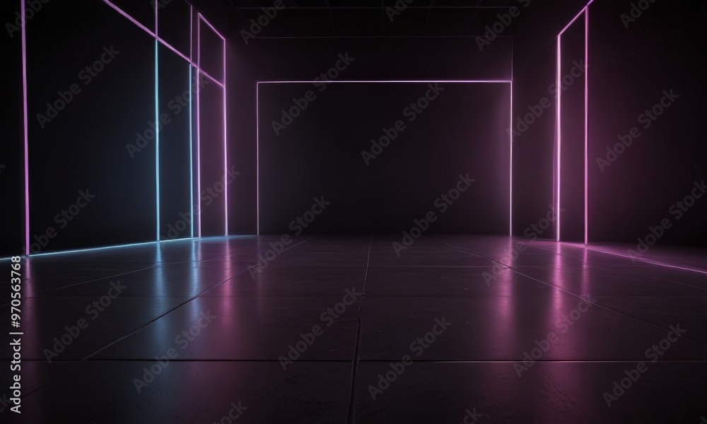 Poster the image presents a minimalist, abstract interior space with a dark floor and walls, illuminated by