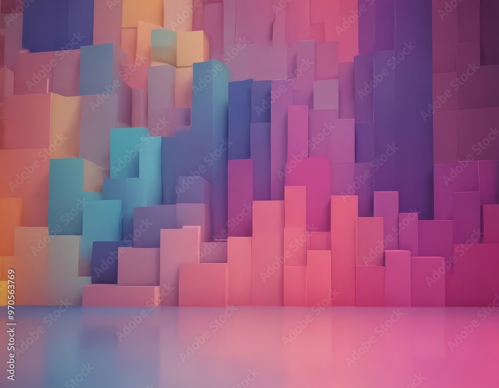 Poster a 3D of a colorful geometric pattern composed of stacked cubes in various shades of pink, purple, blue, and orange. The cubes are arranged in a grid-like pattern, creating