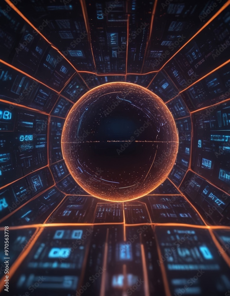 Aufkleber a futuristic, sci-fi-inspired scene with a large, glowing sphere at the center, surrounded by a grid-like pattern of smaller spheres and lines.